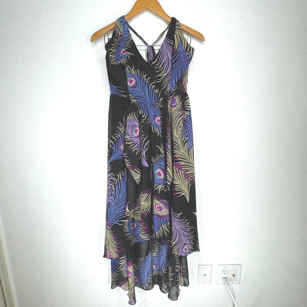 Boston Proper Peacock Feather Halter Dress Chiffon 4 Boho Indie Flowy Resortwear